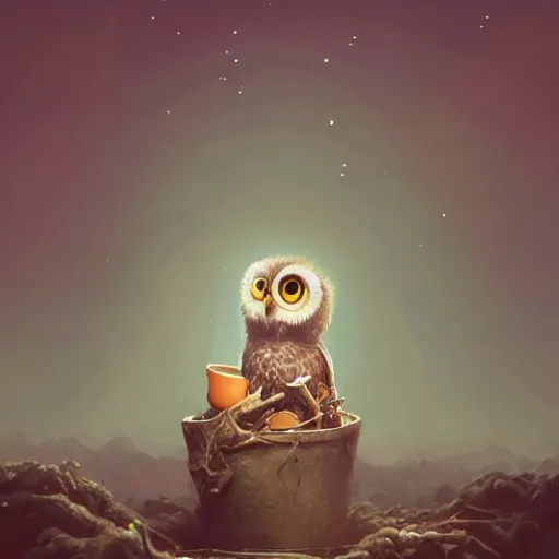 Image similar to long shot of a very cute owl chick nesting in a very futuristic cup, esao andrews, humorous illustration, hyperrealistic, big depth of field, warm colors, night scenery, low light, 3 d octane render, 4 k, conceptart, hyperdetailed, hyperrealistic, trending on artstation