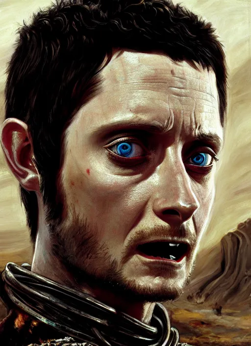 Prompt: portrait of elijah wood as scheming crazy warlord in mad max 2 : the road warrior, film still, detailed realism face in painting, detailed beautiful portrait, oil painting masterpiece, 8 k resolution, smooth, sharp focus, trending on artstation, by rembrandt