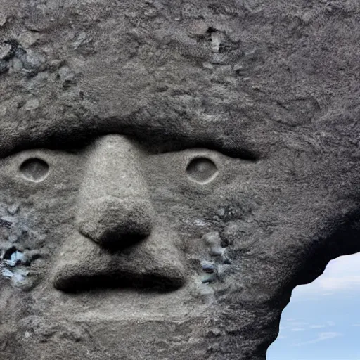 Image similar to by brothers grimm vaporwave. a art installation of a large granite boulder carved to resemble a human face. the nose is slightly upturned, & the eyes & mouth are closed.