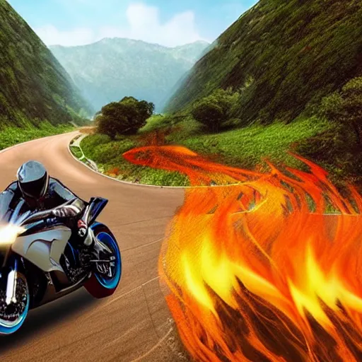 Prompt: new aesthetic and fast motorcycle. Flaming roads. photo realistic. high details. race. hyper realistic.