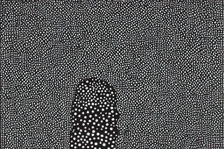 Image similar to anxiety, faceless people dark, dots, drip, stipple, pointillism, technical, abstract, minimal, style of francis bacon, asymmetry, pulled apart, cloak, eerie, made of dots, abstract, balaclava mask, colored dots, sploch