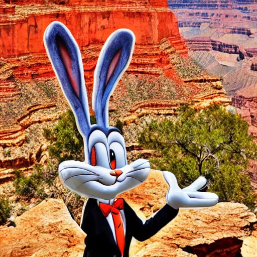 Prompt: Photo of a 3D Bugs Bunny in front of the Grand Canyon, sweating profusely, photography, HDR