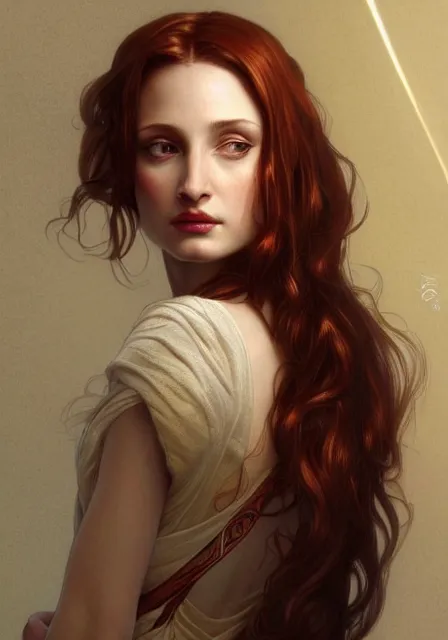 Prompt: sansa angeline jolie gessica chastain, intricate, elegant, highly detailed, digital painting, artstation, concept art, smooth, sharp focus, illustration, art by artgerm and greg rutkowski and alphonse mucha and william - adolphe bouguereau