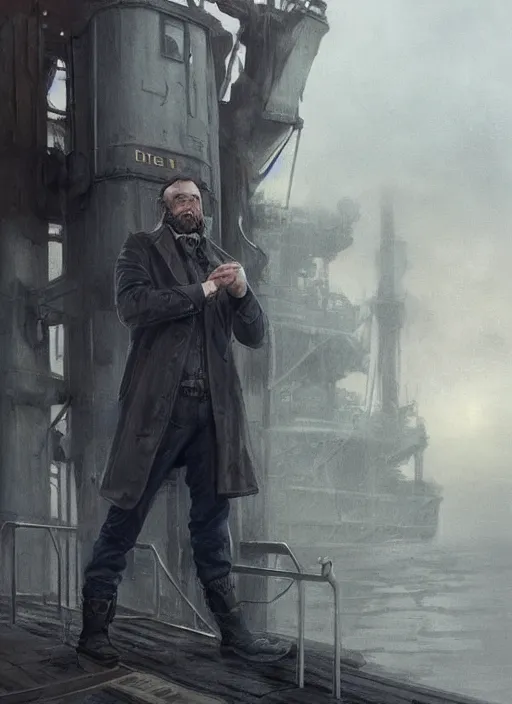 Image similar to portrait of a rugged man wearing a trenchcoat standing on the deck of a ship, victorian, concept art, detailed face, fantasy, highly detailed, cinematic lighting, digital art painting by greg rutkowski