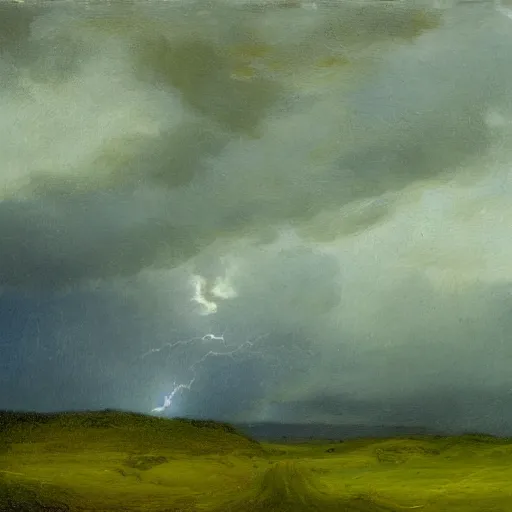 Prompt: desolate green valley and a thunderstorm tonalism