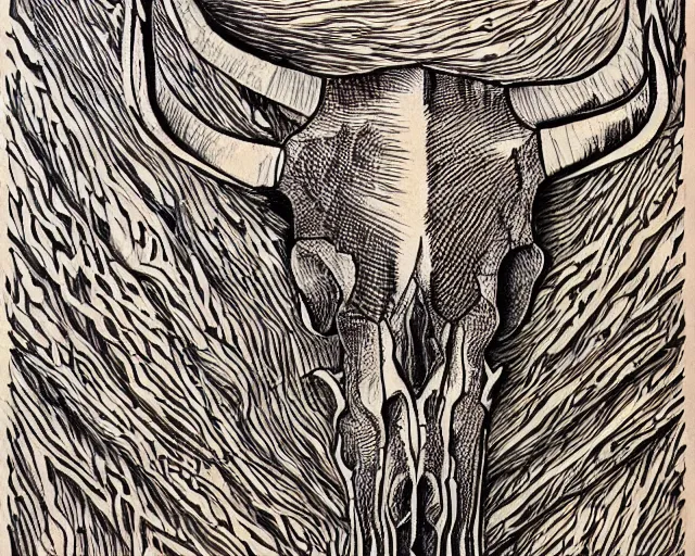 Image similar to Longhorn Skull, skull bone carved with patterns, wild wild west, tritone, mixed media, fine linework, pen and ink, symmetry