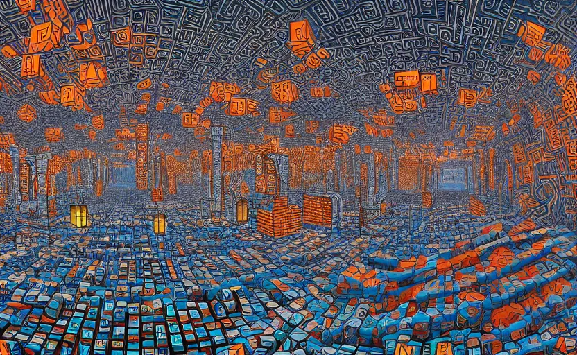 Image similar to interior of an elaborate labyrinth of runic cubes, endless intricate maze - like runes, sharp high detail anime background, masterpiece by satoshi kon, crystal cubism, greeble, tesseract, darksynth, high definition