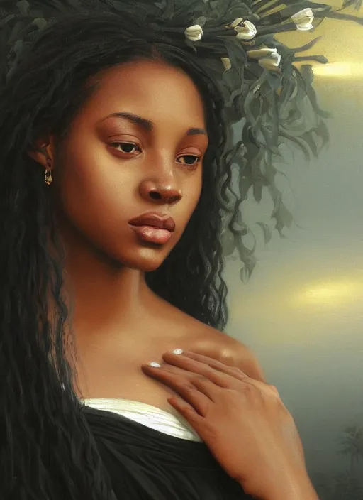 Image similar to oil painting close up portrait of a contemplative young black woman with long dark flowing hair in a black dress, surrounded by white lilies!! at sunset, hazy, digital art, chiaroscuro, artstation, cinematic, golden hour, digital art painting by greg rutkowski, william - adolphe bouguereau, hazy atmosphere, cinematic lighting