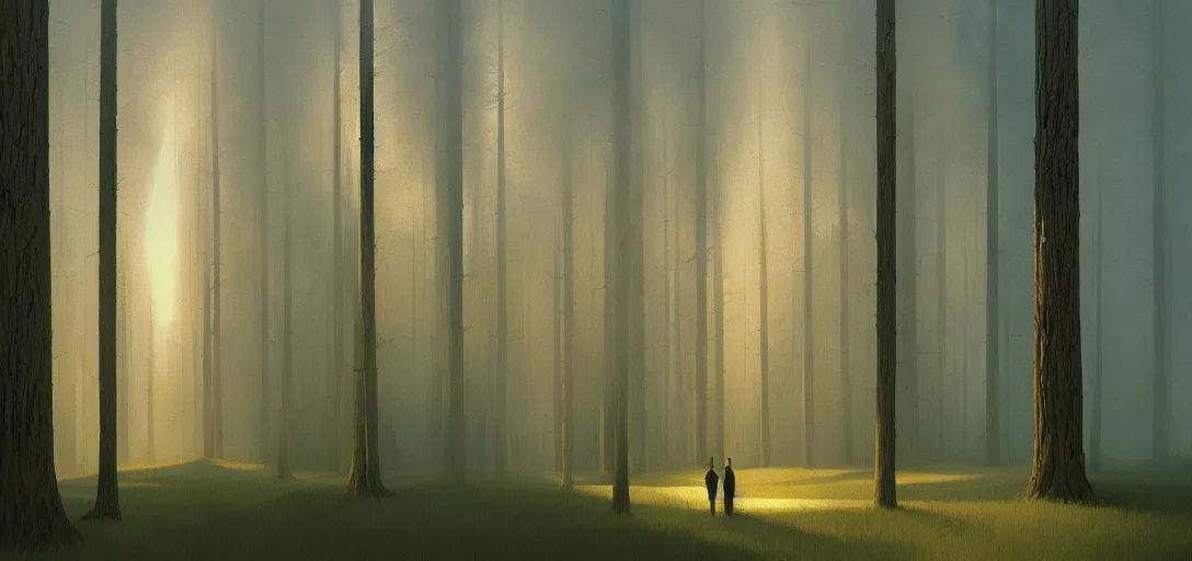 Image similar to pine forest, illustrated, epic composistion, moebius, edward hopper and james gilleard, zdzislaw beksinski, steven outram, volumetric lighting, surreal flat colors, concept art