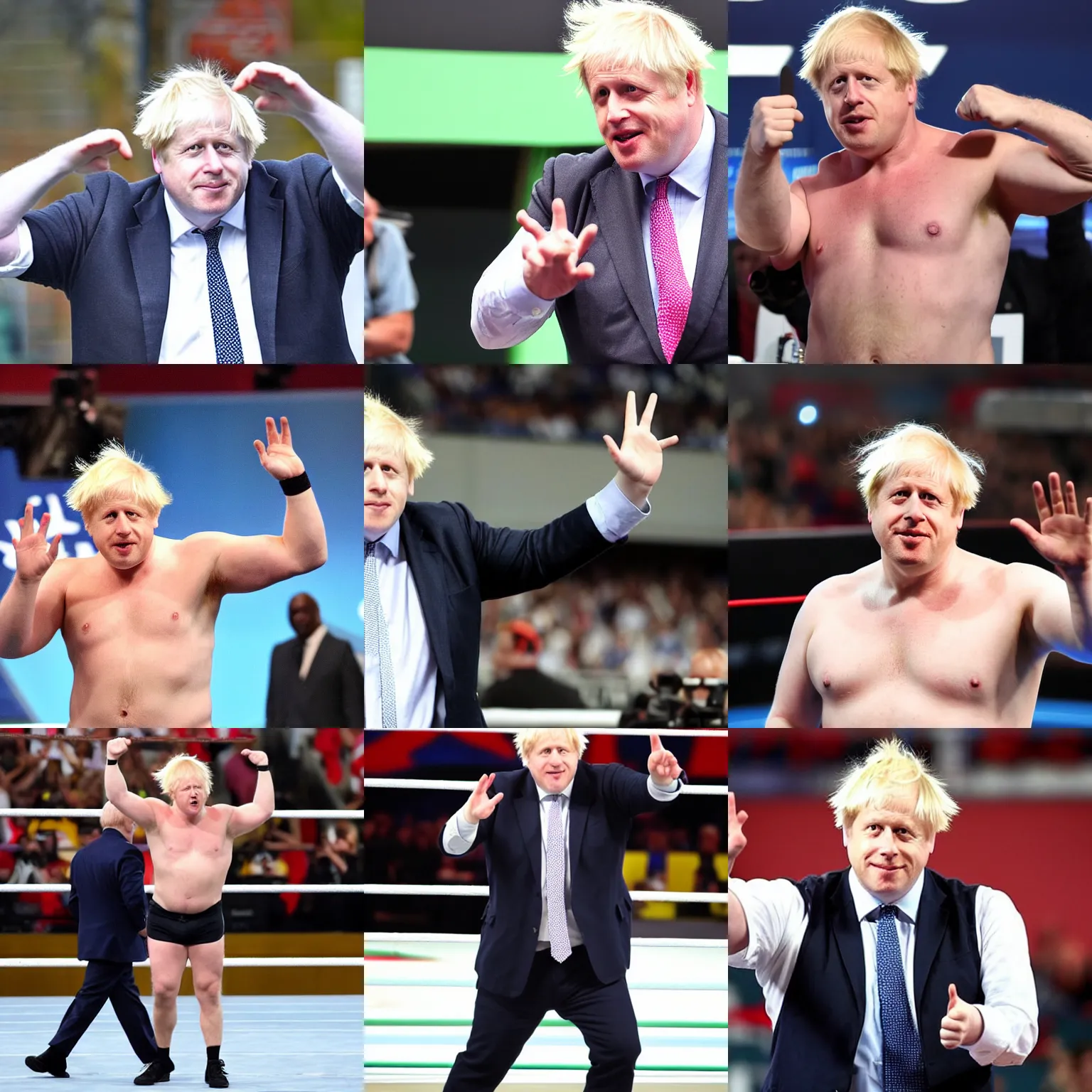 Prompt: boris johnson wearing a cap as a muscular wwe wrestler. he is waving hello to the camera