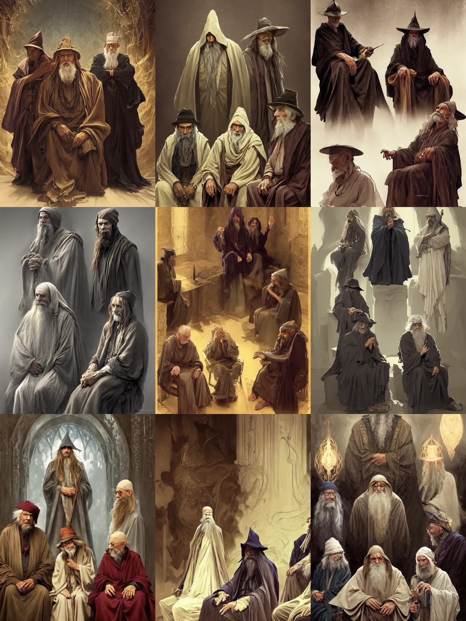 Prompt: picture of three old sages, classical wizard robes, sitting, serious, classic wizard hats, high fantasy, highly detailed, smooth, sharp focus, chiaroscuro, digital painting, concept art, artgerm and greg rutkowski and alphonse mucha