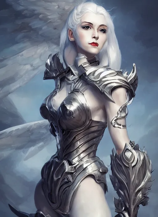 Prompt: a highly detailed illustration of white haired pale lady wearing dieselpunk armor dress with iron wings, dramatic floating pose, intricate, elegant, highly detailed, centered, digital painting, artstation, concept art, smooth, sharp focus, league of legends concept art, wlop