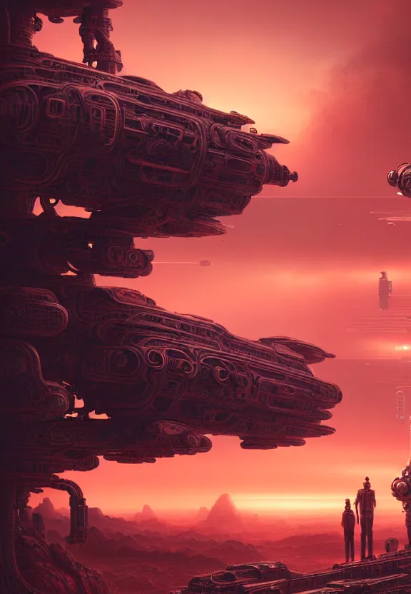 Image similar to ultra realist intricate detailed landscape painting of an alien world, red sky with mech buildings and cyborg tech, symmetry accurate features, very intricate details, bokeh focus, 8k render, artstyle Hiraku Tanaka and Tom Bagshaw, award winning