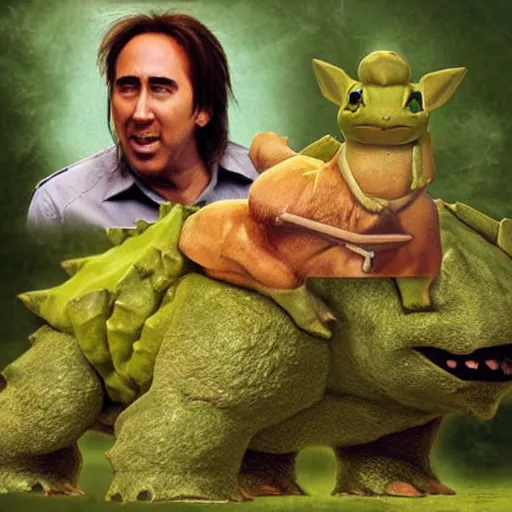 Image similar to Nicholas Cage riding a bulbasaur into battle, photograph
