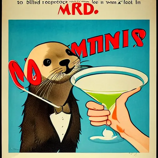 Image similar to a man holding a martini with an otter swimming in it while the otter gives a thumbs up in a 1 9 2 0 s advertisement poster