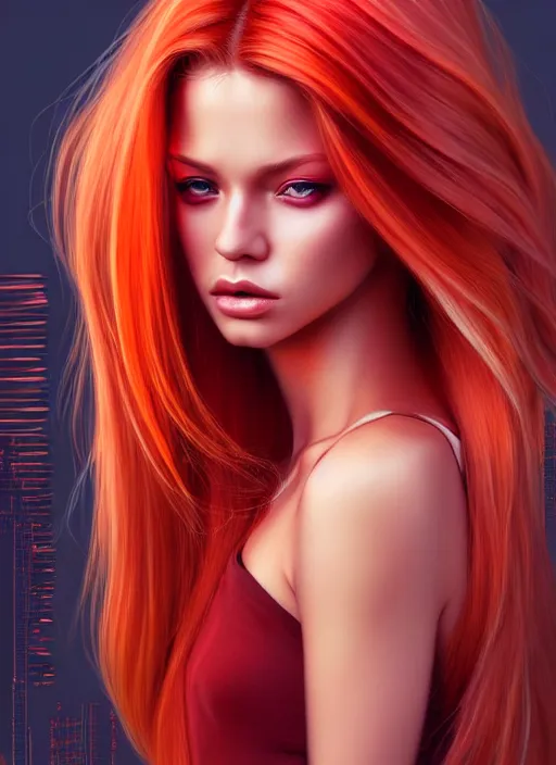 Image similar to photo of a gorgeous blondeand red ombre hair female in the style of stefan kostic, realistic, half body shot, sharp focus, 8 k high definition, insanely detailed, intricate, elegant, art by stanley lau and artgerm, cyberpunk city backgeound