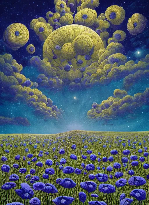 Image similar to detailed, intricate blue black and purple papaverum flower on the field, nebula, galaxy in the sky, winning award masterpiece, fantastically beautiful, illustration, aestheticly inspired, jacek yerka, upscale with anguissola sofonisba work, artstation, 8 k