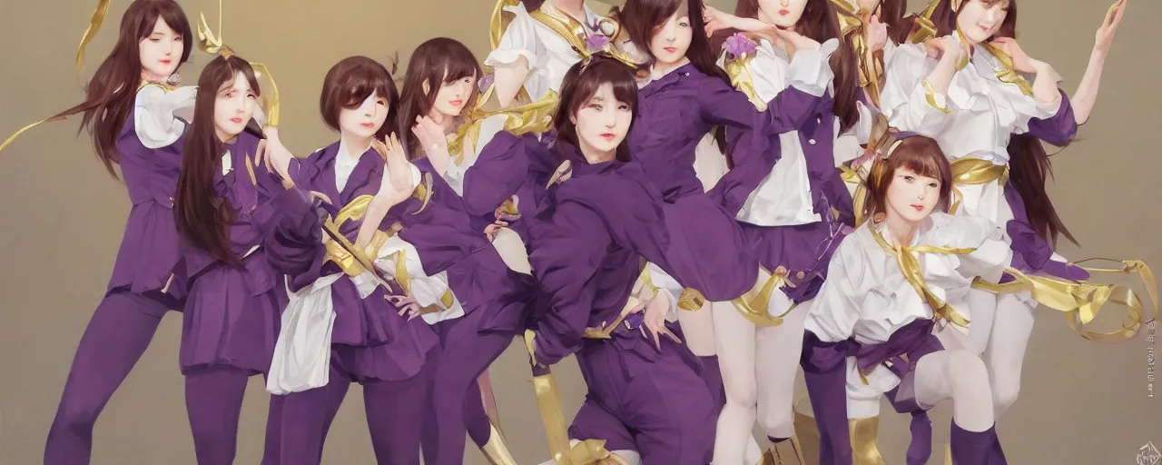 Image similar to Full View of Eunha and other girls from Viviz and gFriend wearing a purple military uniform and short puffy pants, white leggings, Golden Ribbon, and a billowy scarf. Rhythmic gymnastics poses. masterpiece 4k digital illustration by Ruan Jia and Mandy Jurgens and Artgerm and greg rutkowski, award winning, Artstation, art nouveau aesthetic, Alphonse Mucha background, intricate details, realistic, panoramic view, Hyperdetailed, 8k resolution, intricate art nouveau