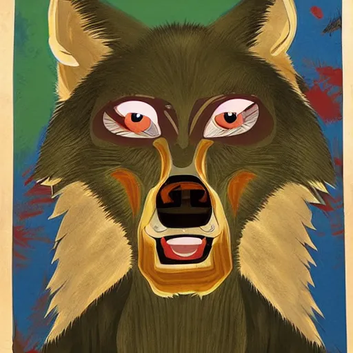 Image similar to portrait of ugly wolf, retarded, eyes in different directions, rabies, propaganda style, vivid colors