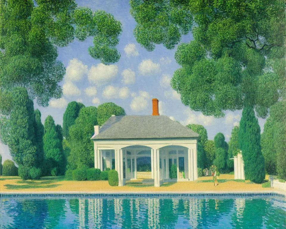 Prompt: achingly beautiful painting of a sophisticated, well - decorated pool house in spring by rene magritte, monet, and turner.