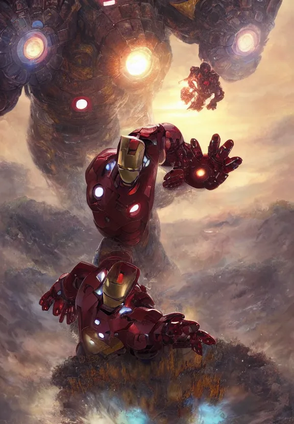 Image similar to iron man fighting a giant kaiju, highly detailed, science fiction landscape, art style by klimt and nixeu and ian sprigger and wlop and krenz cushart