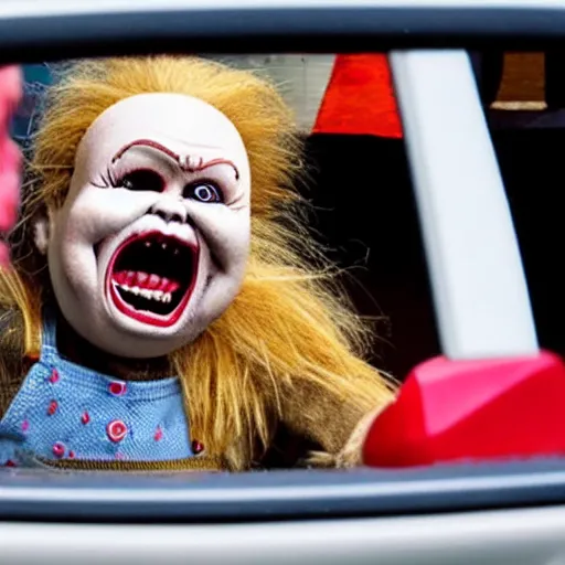 Image similar to a screaming chucky doll in rear view mirror