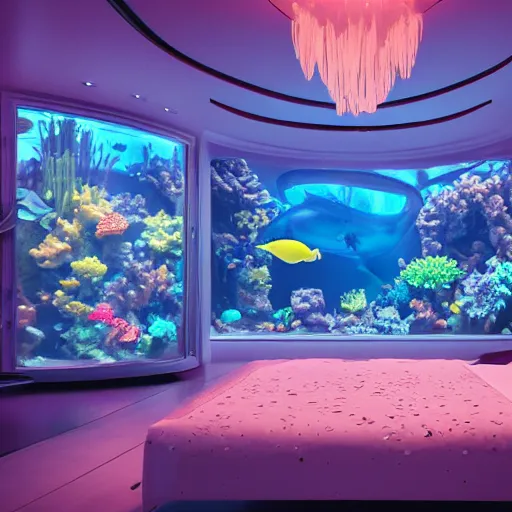 Image similar to photo of the modern fashionable room as aquarium with a chandelier as a big jellyfish, beautiful corals on the walls and dangerous sharks on the big panoramic window, realism, sharp details, cinematic, a lot of gleans, under the ocean, realistic colors, realistic shadows, daylight made in blender and cinema 4 d, hd, 3 d by beeple and by greg rutkowski