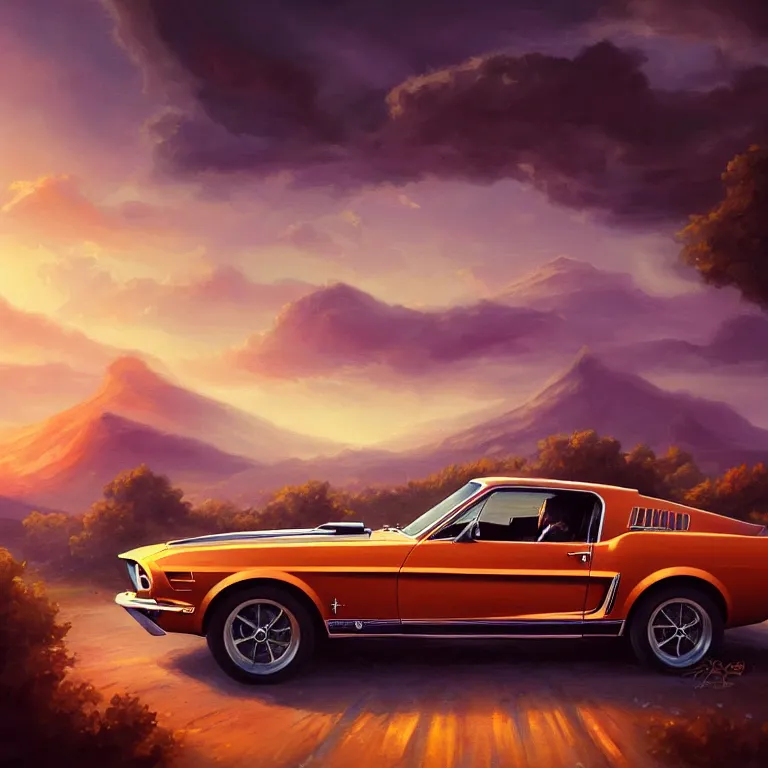 Image similar to long shot view of a 1 9 6 8 mustang driving down a country road, coriolios rpg art style, full of details, warm sunset colors, matte painting, artstation, 8 k, hyperrealistic, style of peter mohrbacher, album cover