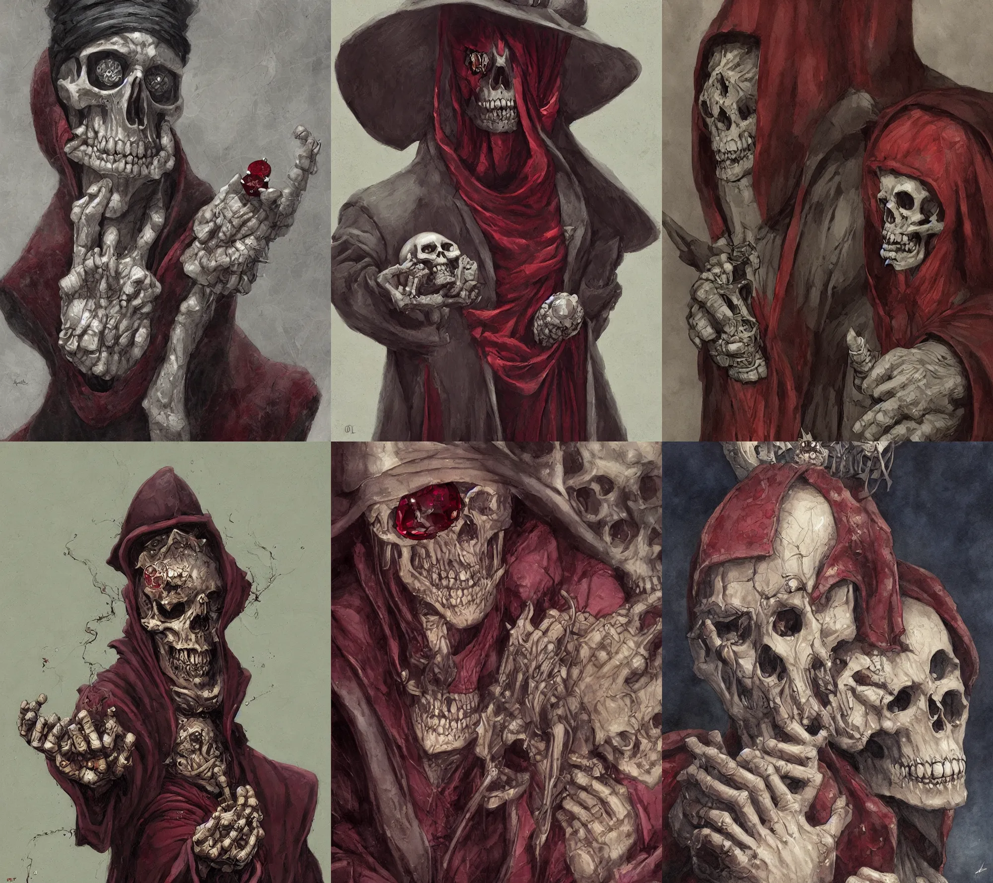 Prompt: A beautiful man. He look at a ruby skull in his hand. He wear a long dark robe. By Régis Loisel and Enki Bilal and Tony Sandoval and Oliver Ledroit. Oil painting. Close-up