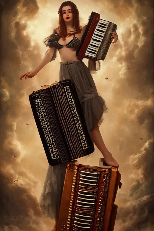Prompt: the goddess of accordions, by tom bagshaw peter kemp