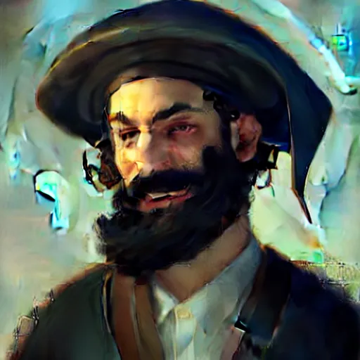 Image similar to a happy merchant jew wearing kippah!!!, black curly beard, black curly hair, hooked nose, by greg rutkowski, artstation, by artgerm, by wlop