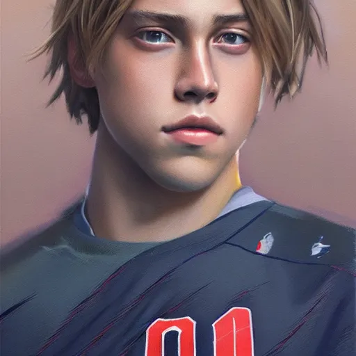 Prompt: A ultradetailed beautiful portrait panting of Cole Sprouse wearing a volleyball jersey, Oil painting, by Ilya Kuvshinov, Greg Rutkowski and Makoto Shinkai