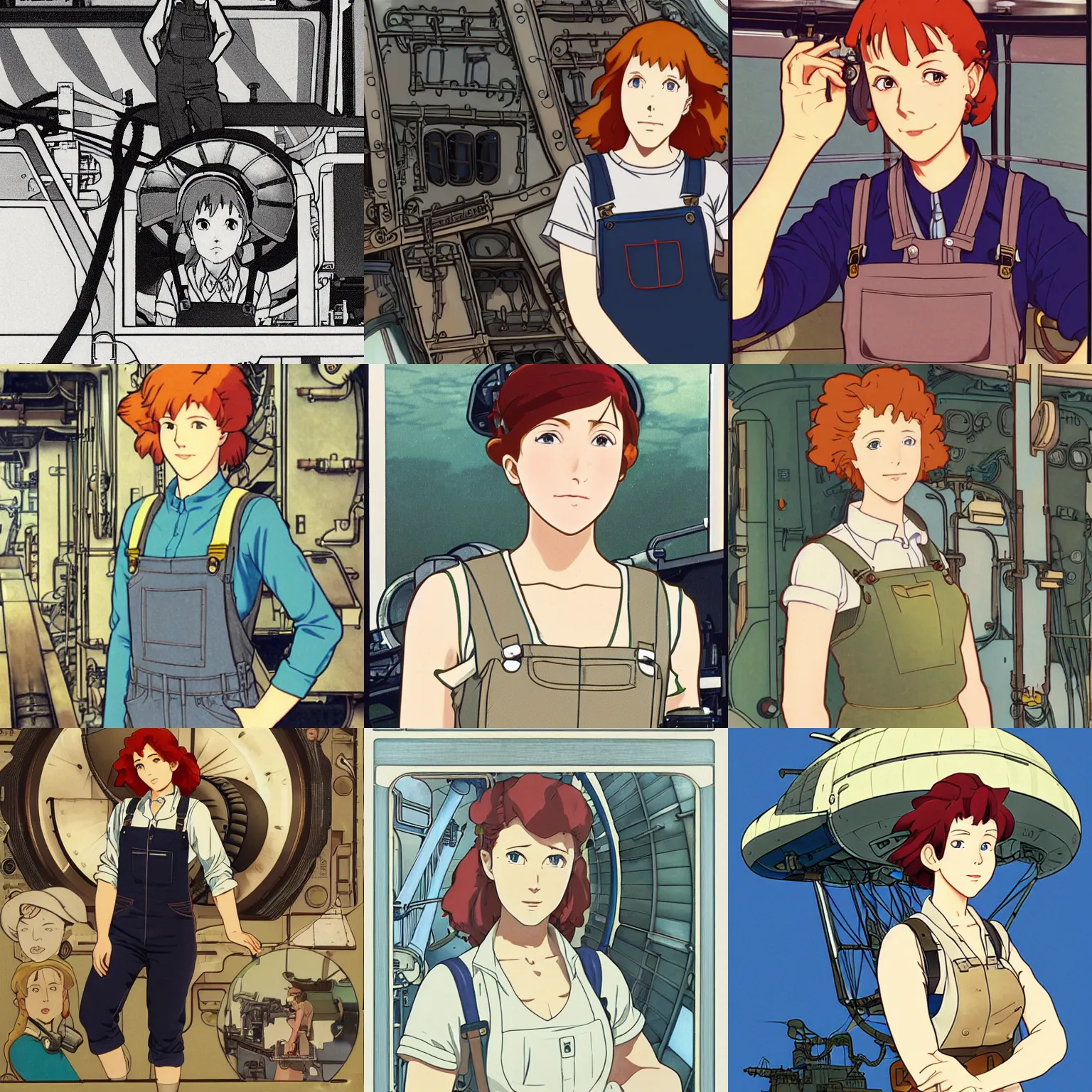 Prompt: Portrait of a tank top and dungaree-clad redheaded female airship engineer working in the lower deck of a ship, dieselpunk, defined facial features, highly detailed, animation cel, official Kyoto Animation and Studio Ghibli anime screenshot, by Makoto Shinkai and Alphonse Mucha