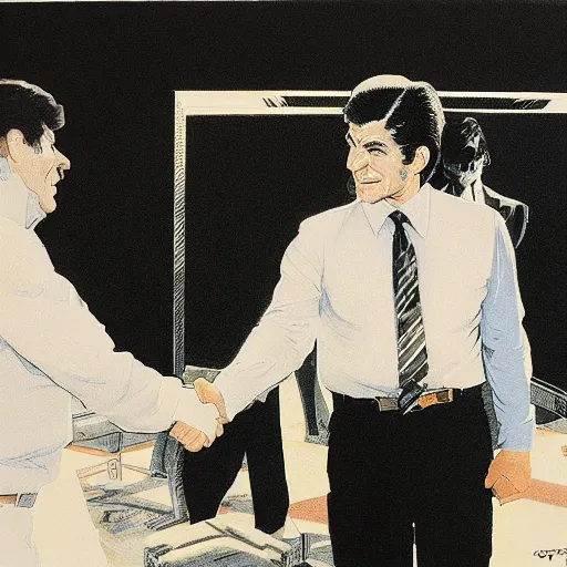 Image similar to tony khan and vince mcmahon shaking hands, stylized behance by syd mead, frank frazetta, ken kelly, simon bisley, richard corben, william - adolphe bouguereau