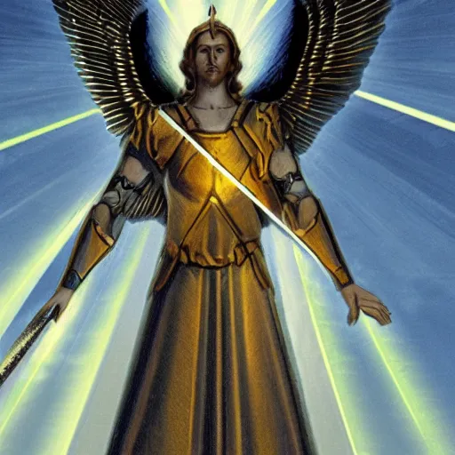 Image similar to an archangel channels a beacon of light through the tip of his sword overhead to the sky, ripples and refractions of light scatter from the tip of his sword pointing towards the sky