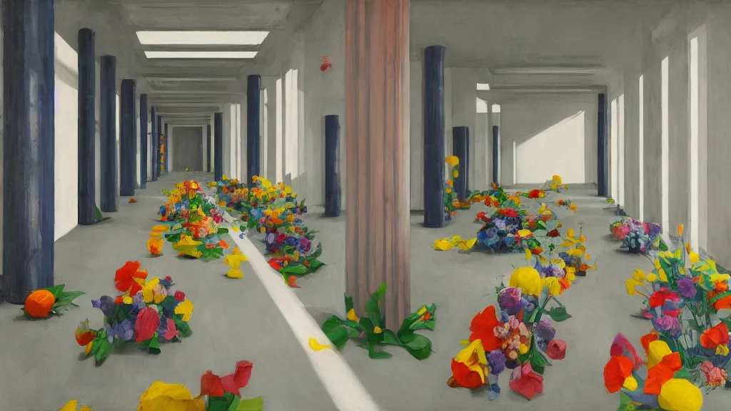 Image similar to colorful minimalist industrial interior hallway with monolithic pillars in the style of ridley scott and stanley kubrick, impossible stijl architecture, bed of flowers on floor, ultra wide angle view, realistic detailed painting by edward hopper