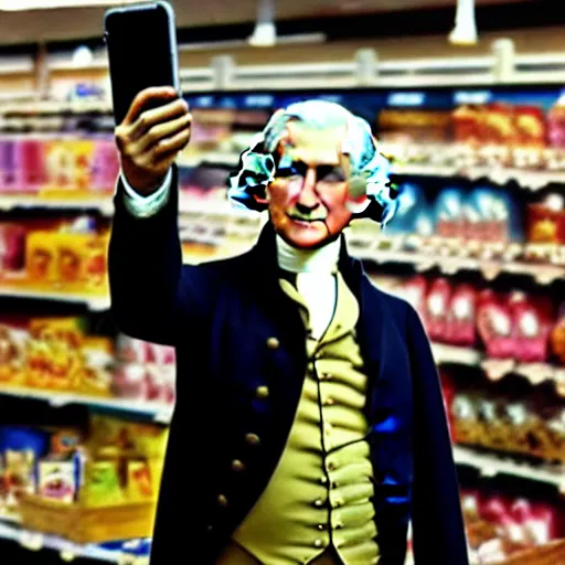 Prompt: professional color photo of george washington taking a selfie in walmart, 4 k