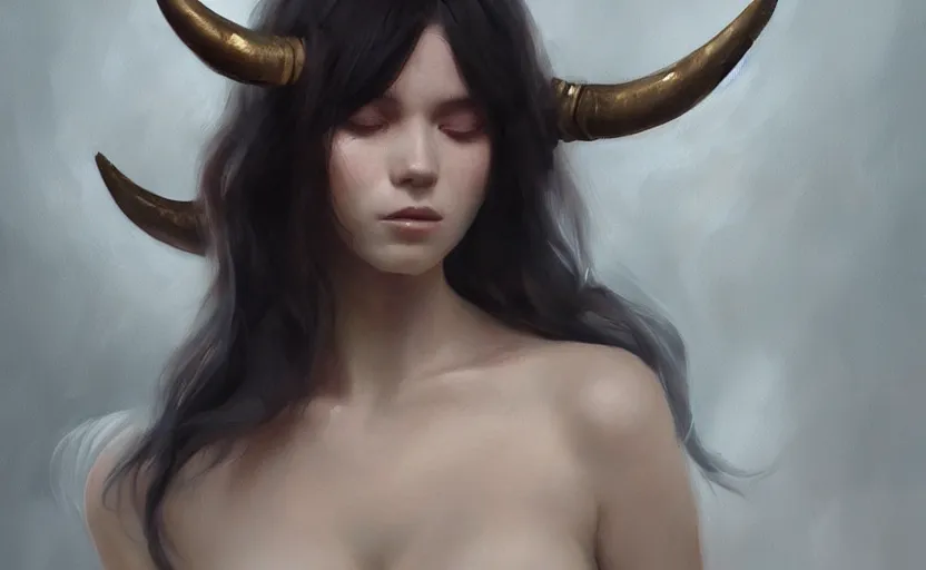 Image similar to a painting of aki trending on artstation in the style of greg rutkowski, beautiful, sensuality, natural skin, horns on head, long black hair, portrait