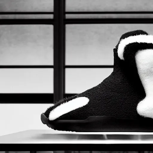 Prompt: nike shoe made of very organic structure fluffy black and white faux fur placed on reflective surface, professional advertising, overhead lighting, heavy detail, realistic by nate vanhook, mark miner