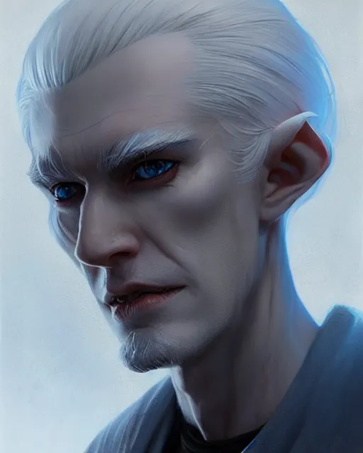 Image similar to character portrait of a slender half - elven man with white hair and piercing blue eyes, by greg rutkowski, mark brookes, jim burns, tom bagshaw, trending on artstation