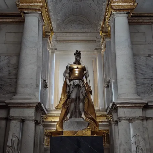 Image similar to portrait of jeff bezos in the form of a giant greek statue in marble, with a gold crown, baroque elements in the background, museum. intricate artwork by michelangelo. photorealistic. ultra detailed. flash. octane render. cinematic. 4 k bokeh.