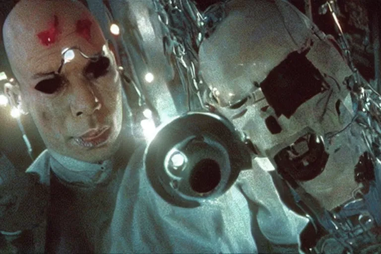 Image similar to cyborg - pitbull taking a selfie, in hell, in 1 9 8 5, y 2 k cybercore, industrial low - light photography, still from a kiyoshi kurosawa movie