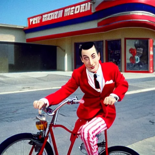 Prompt: Pee-Wee Herman on his bike outside an Adult Movie theater