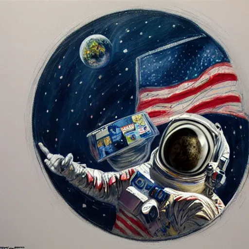 Prompt: American Breakfast in space drawn by Alan Bean