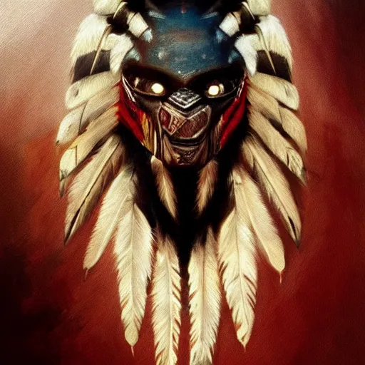 Prompt: painting portrait of a native american wearing a predator face mask from the predator movie, artstation, ultra detailed