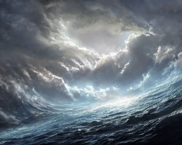 Prompt: 1 : 6 and god said, let there be a firmament in the midst of the waters, and let it divide the waters from the waters. and god made the firmament, and divided the waters which were under the firmament from the waters which were above the firmament : and it was so. trending on artstation