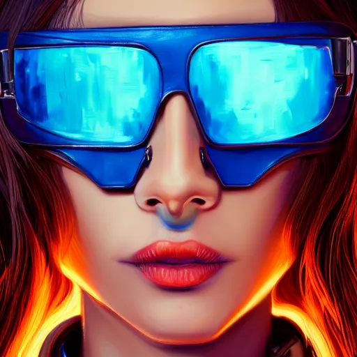 Image similar to closeup painting of a very beautiful young mexican cyberpunk woman with a smirk, wearing light blue shutter shades and a dark brown leather jacket, one side haircut, brown hair, portrait, hyperdetailed, artstation, cgsociety, 8 k, synthwave by tangerine dream