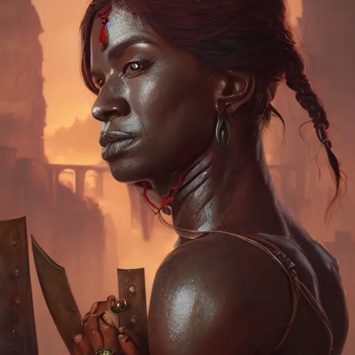 Image similar to wide painting of dark muscular oiled bengoli woman, bloody, carrying a sword, symmetric, ultra realistic, concept art, intricate details, eerie, highly detailed, photorealistic, octane render, 8 k, unreal engine. art by artgerm and greg rutkowski and alphonse mucha