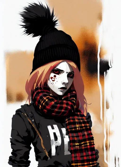 Prompt: highly detailed portrait of a sewer punk lady student, beanie, tartan scarf, wavy blonde hair by atey ghailan, by greg rutkowski, by greg tocchini, by james gilleard, by joe fenton, by kaethe butcher, gradient red, black, brown and gold color scheme, grunge aesthetic!!! white graffiti tag wall background