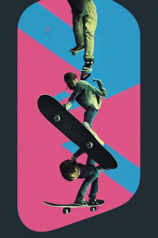 Image similar to a poster of a person riding a skateboard, an ultrafine detailed painting by petros afshar, behance contest winner, geometric abstract art, reimagined by industrial light and magic, behance hd, anaglyph effect